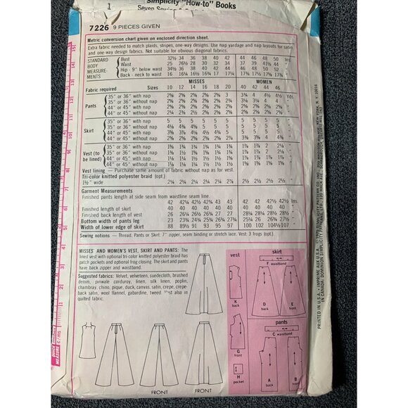Simplicity Misses Pants Skirt Vest Sewing Pattern sz 10 7226 - uncut - Picture 7 of 13